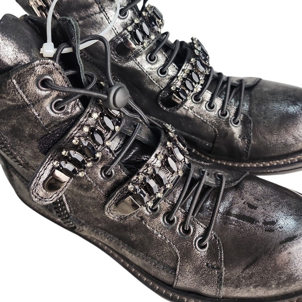 275 Central Combat Boots Women US 6-6.5 Metallic Silver Crystal Embellished Goth - Picture 4 of 12
